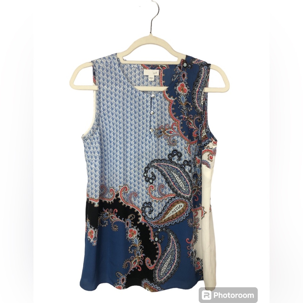 J. Jill Sleeveless Top Blouse Front Button Asymmetrical Pattern Paisley